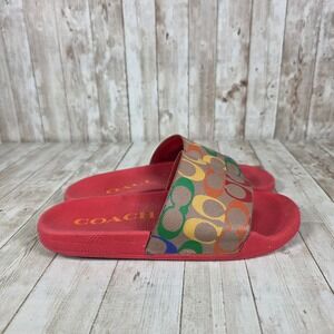 COACH Slides Sandals Red Signature Logo Rainbow Womens Size 8B